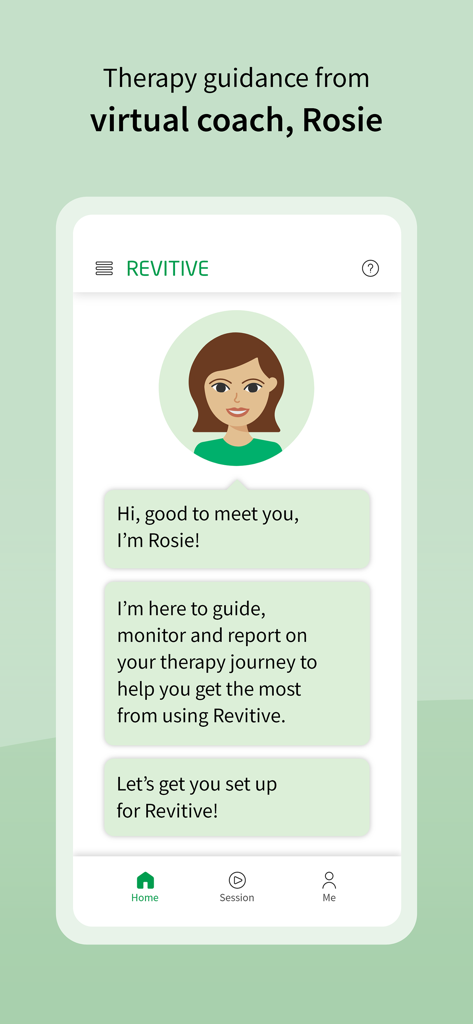 Revitive - Revitive app interface showing virtual coach Rosie providing therapy guidance