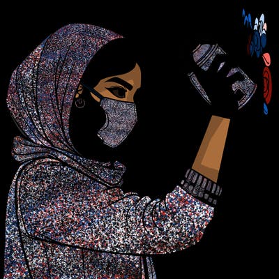 realistic girl with mask spray painting a wall