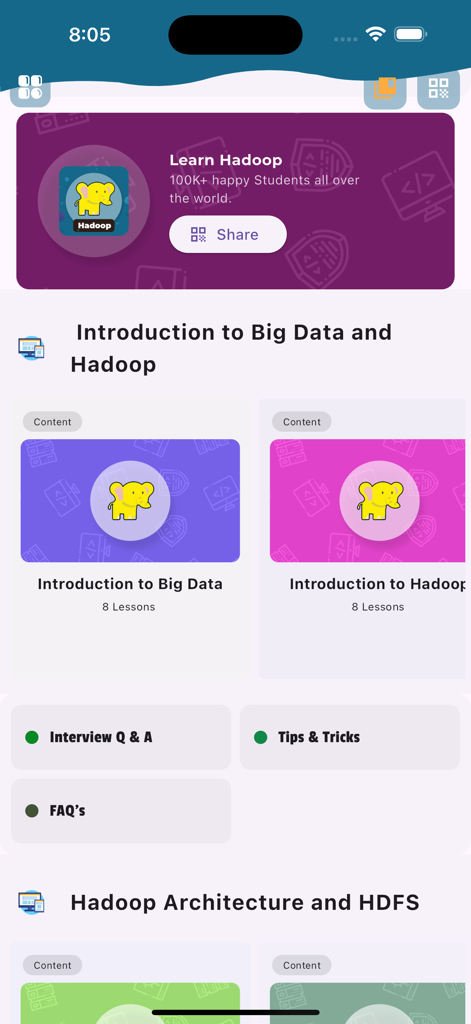 Learn Hadoop and Big Dataアプリのホーム画面。ビッグデータとHadoopのレッスン、および面接準備セクションが表示されます。