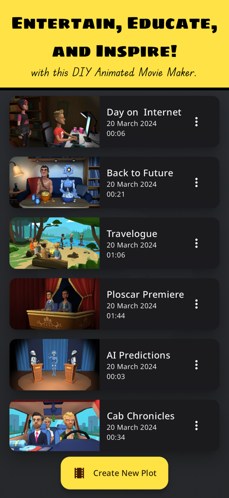 A library of 3D animated video projects within the Plotagon Studio app interface showing various thumbnails and titles.