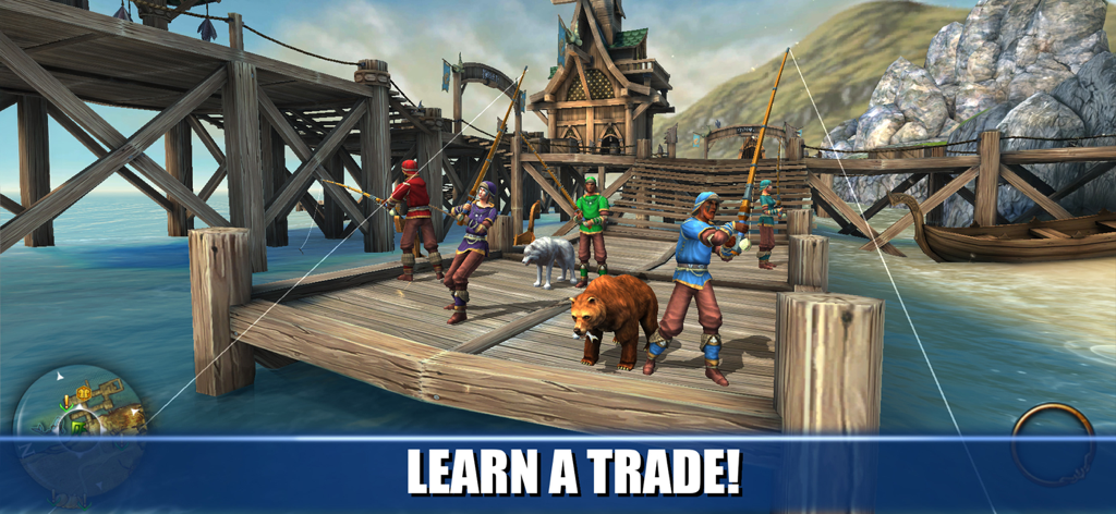 Players fishing on a wooden dock with pet bear and wolf in Celtic Heroes MMORPG