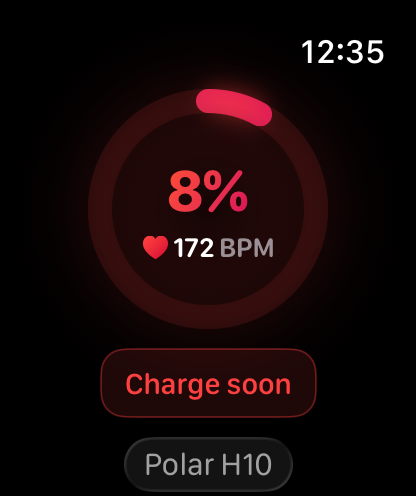 HRM Battery - Apple Watch screen showing a low 8 percent battery warning and 172 BPM heart rate for a Polar H10 strap.