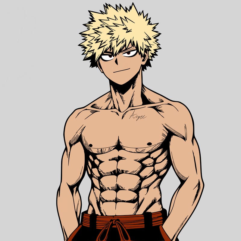 realistic bakugou with no shirt and abs