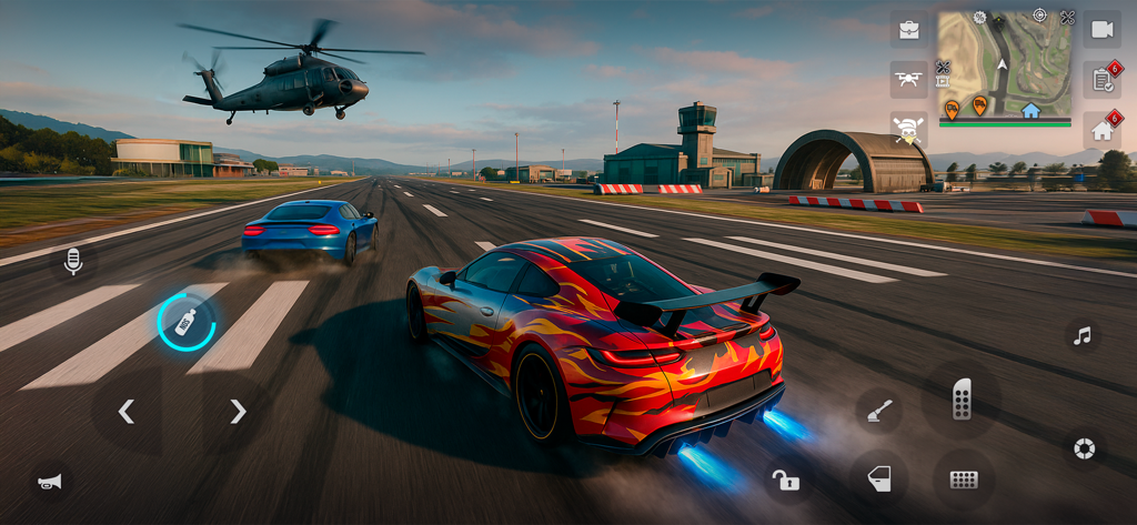 Dois carros esportivos correndo em uma pista de aeroporto com um helicóptero sobrevoando no MadOut 2