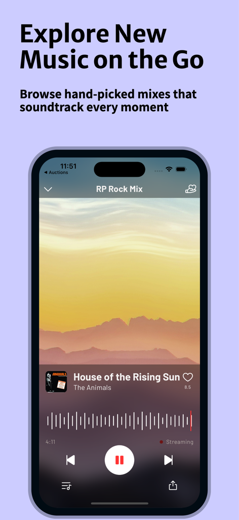 Radio Paradise - Aplicación de música Radio Paradise que muestra una mezcla de rock curada con un fondo de fotografía de la naturaleza