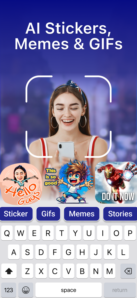 Bobble AI Keyboard interface showing options for AI stickers memes and GIFs