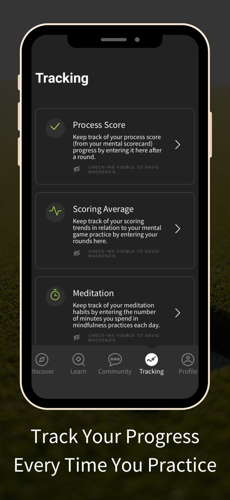 A mobile app interface titled Tracking for monitoring golf process scores and meditation habits