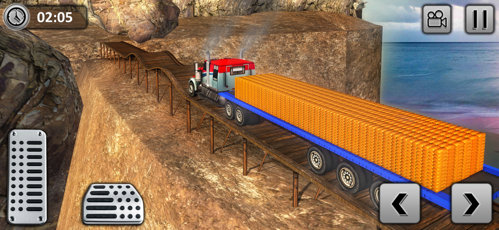 Gold Transporter Truck Drive - Un camión pesado transportando barras de oro a través de un estrecho puente de madera en un acantilado