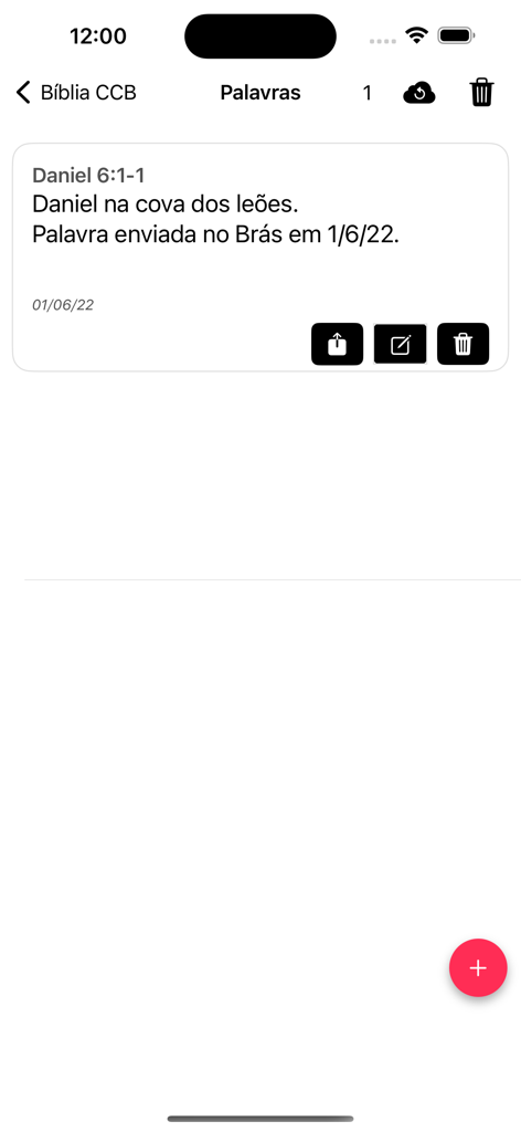 Biblia CCB - Tela do aplicativo Biblia CCB mostrando um versículo bíblico salvo e anotações de estudo sobre Daniel na cova dos leões