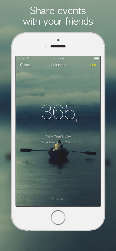 iPhone screen showing a 365 day countdown for New Year's Day with a custom background image