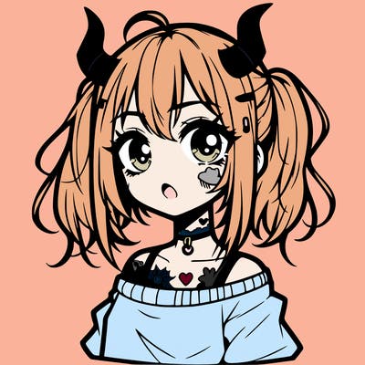 a cute teenage anime girl with a tattoo and horns