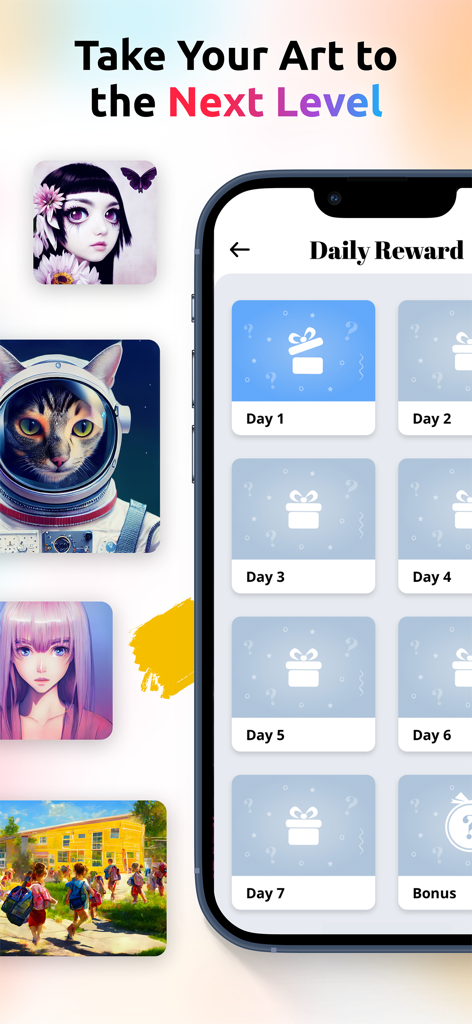 Procreate용 브러쉬 앱의 일일 보상 화면과 디지털 아트 예시