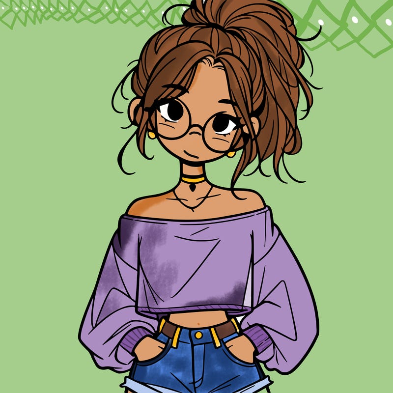 girl with a messy ponytail glasses a baggy crop top and jean shorts