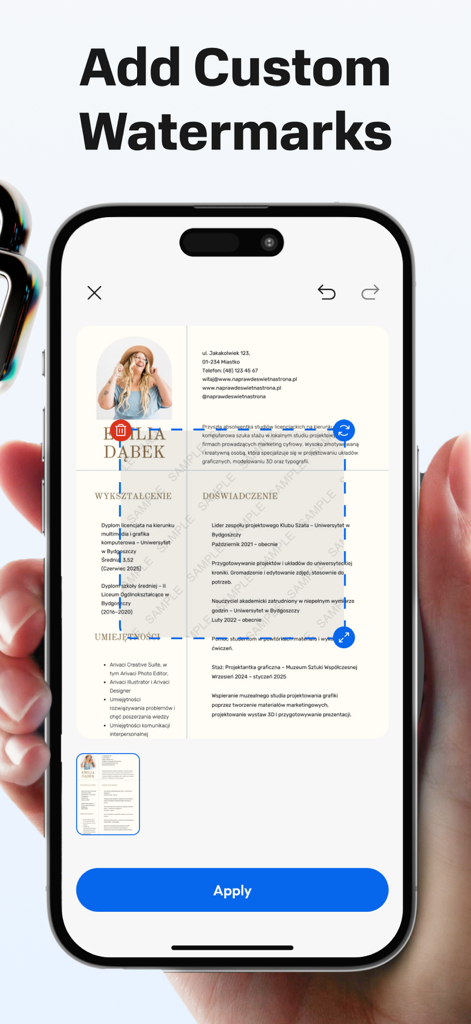 Tela de iPhone mostrando o recurso para adicionar marcas d'água personalizadas a documentos no aplicativo eSign