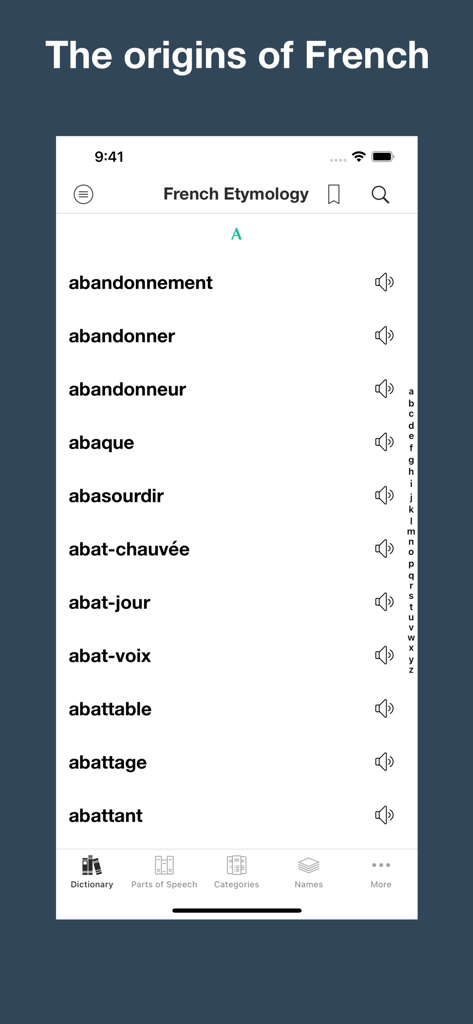 Alphabetical list of French words in the etymology dictionary app