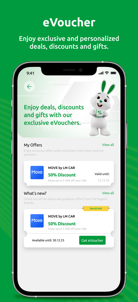 SmartNas - SmartNas app interface showing available eVouchers with discounts and a white rabbit mascot