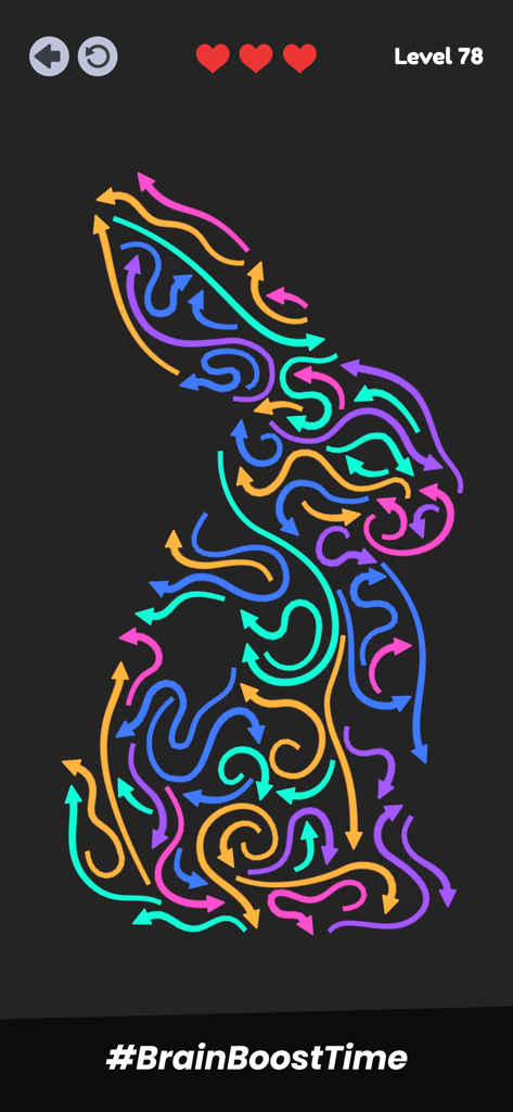 Arrow Flow: Tap Out Puzzle - Una pantalla de puzzle minimalista que muestra flechas de neón de colores dispuestas en forma de conejo sobre un fondo oscuro.