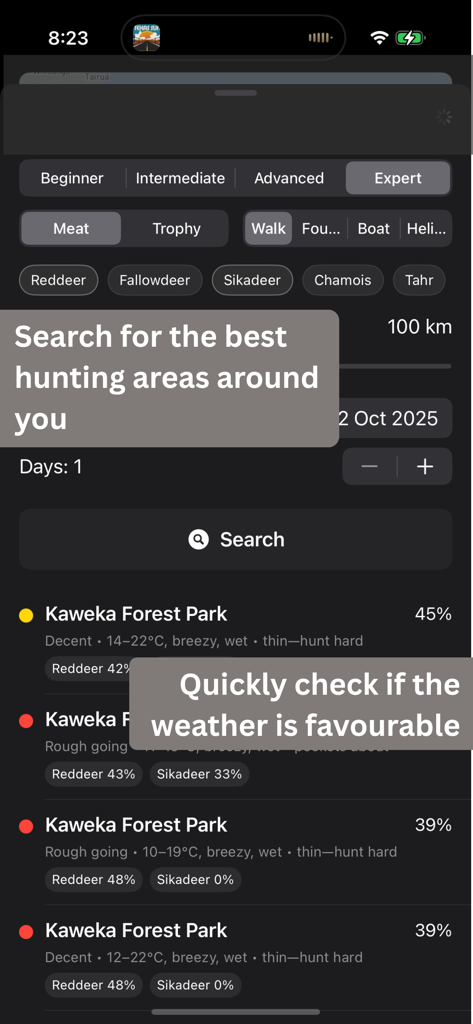 WildVision app interface showing a search for hunting spots with weather conditions and game availability