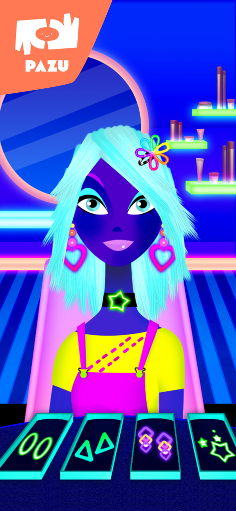 Ein animierter Charakter mit hellblauem Haar und leuchtendem Neonschmuck im Styling-Spiel Girls Hair Salon Glow