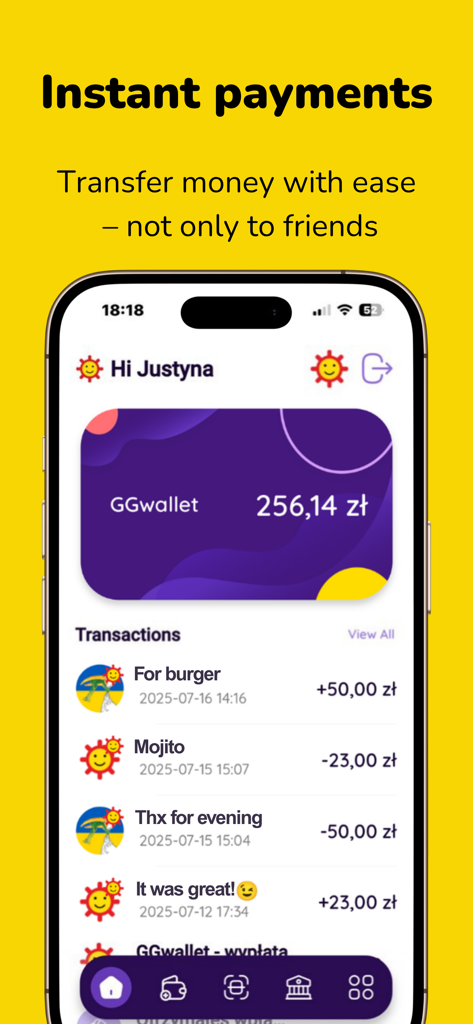 GG - GG messenger app screen displaying the GGwallet feature and instant transaction history