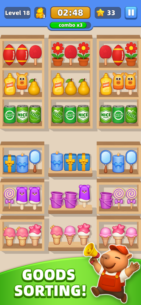 Capy’s Market - Um nível de puzzle de organização de mercadorias 3D em Capys Market apresentando uma personagem capivara fofa