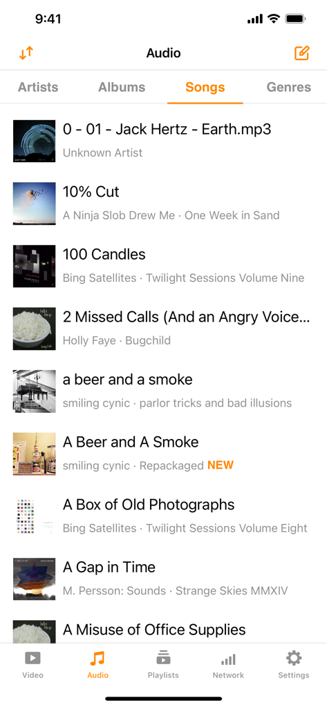 VLC media player iOS app showing the audio songs library list
