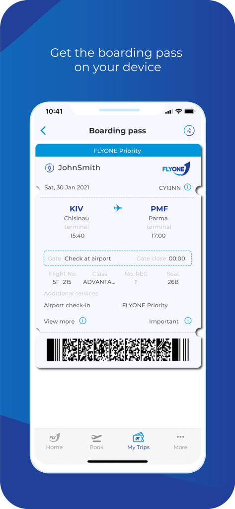 FLYONE - Digital boarding pass on the FLYONE mobile app showing flight details from Chisinau to Parma