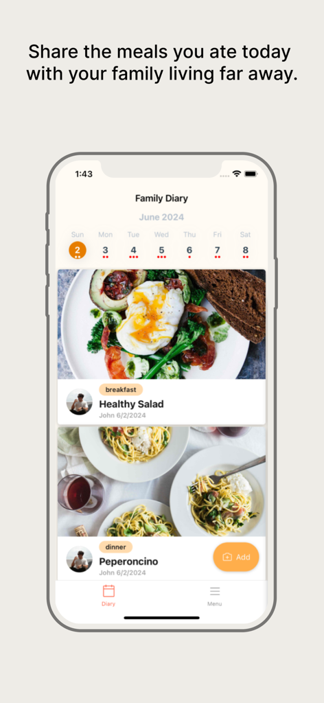 Dish Diary: Connect with Food - スマートフォン画面にDish Diaryアプリのインターフェースが表示され、朝食サラダとパスタディナーの写真が掲載された家族向け食事ログを表示