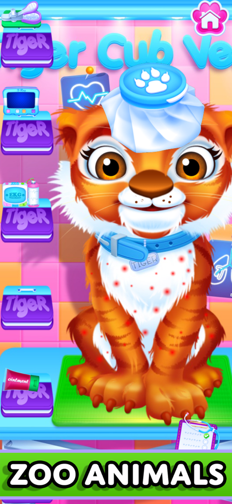 Baby Pet Puppy: Vet Makeover - A cartoon tiger cub with an ice pack and red spots being treated in a pet vet game