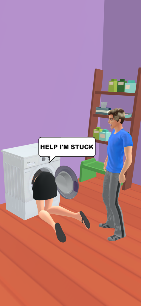 A 3D simulation scene from Couple Life 3D where a woman character is stuck in a washing machine and asking for help