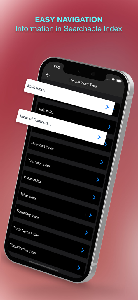 Harriet Lane Handbook app navigation screen showing various searchable medical indices including calculators and drug formulary