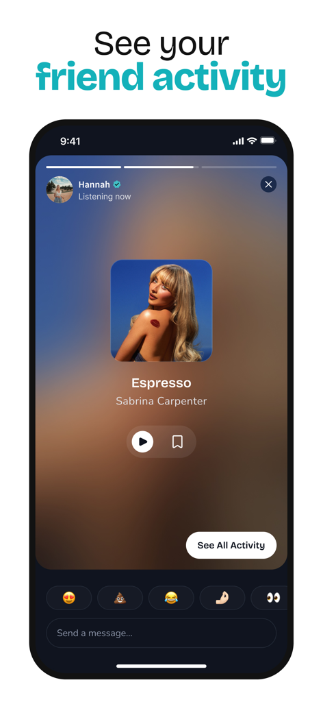 makromusic Dating for Spotify - Screenshot of the makromusic app showing a users current song activity with social interaction features
