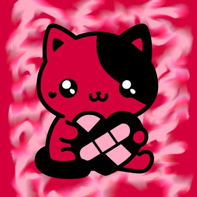 a cat that is black and white, holding a heart that is red with a bandage around it that is pink