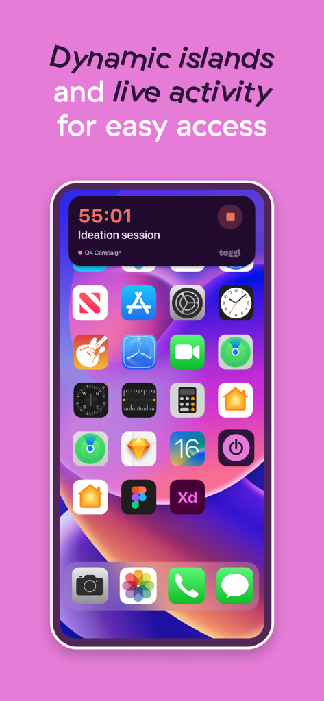 Toggl Track live activity and dynamic island widget on an iPhone home screen