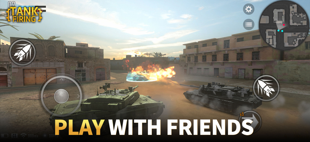 Tank Firing - Batalha de tanques em um ambiente urbano do jogo mobile Tank Firing com texto jogue com amigos