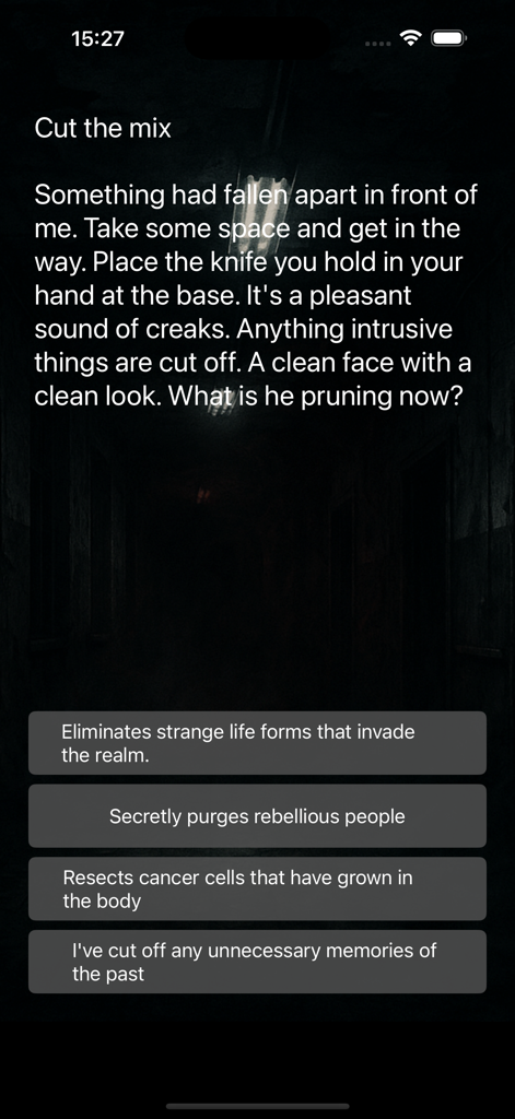 Mind Check & IQ Test :PsychoIQ - A dark psychology quiz question in the PsychoIQ app featuring a cryptic scenario with four multiple-choice answers