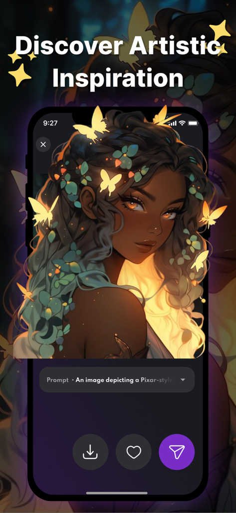 AI Art Photo Image Generator - Mobile phone screen displaying an AI generated artistic portrait of a woman with glowing butterflies