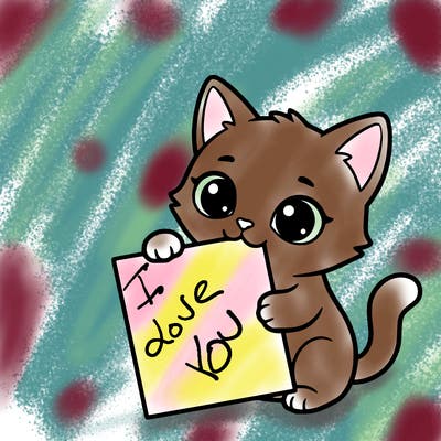 a small cat with a blank sheet of paper in its hand. the cat is sooooooo cute!