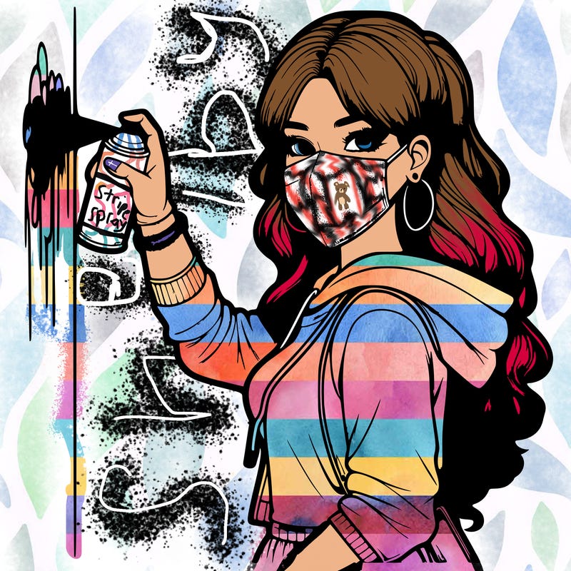 realistic girl with mask spray painting a wall