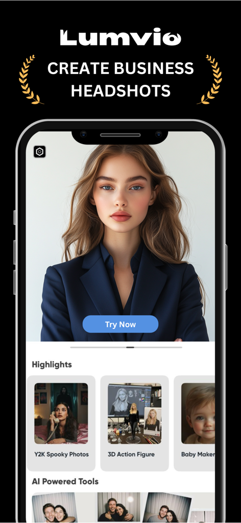 Lumvio ai - ai photo generator - Lumvio AI mobile App-Oberfläche mit einem Generator für professionelle Business-Porträts und verschiedenen kreativen KI-Fotofiltern.