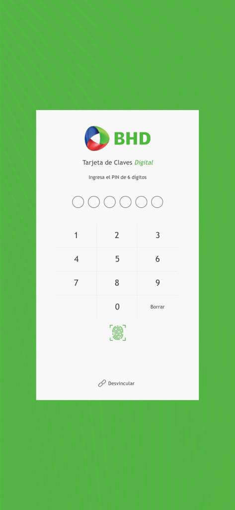 Tarjeta de Claves Digital BHD - BHD digital key card app login screen with numeric keypad for PIN entry