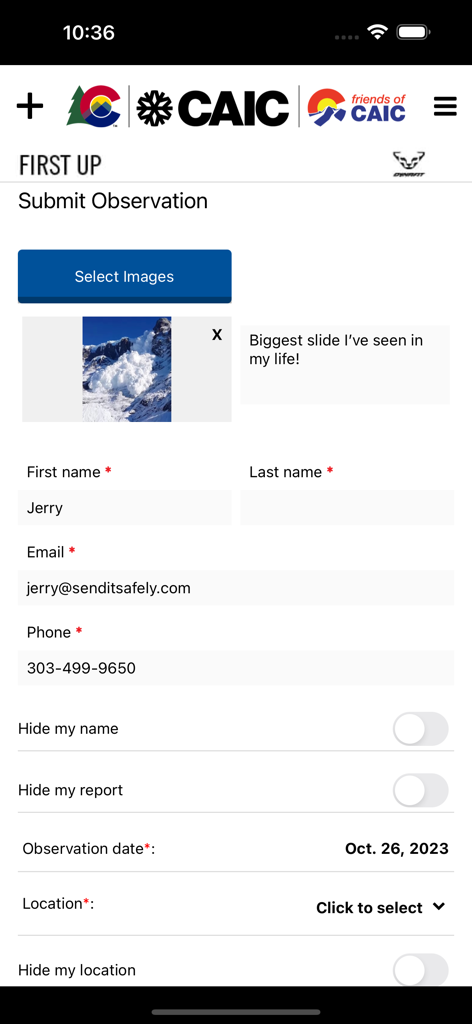 Submit Observation screen in the CAIC app showing a form with contact details and an uploaded photo of an avalanche.