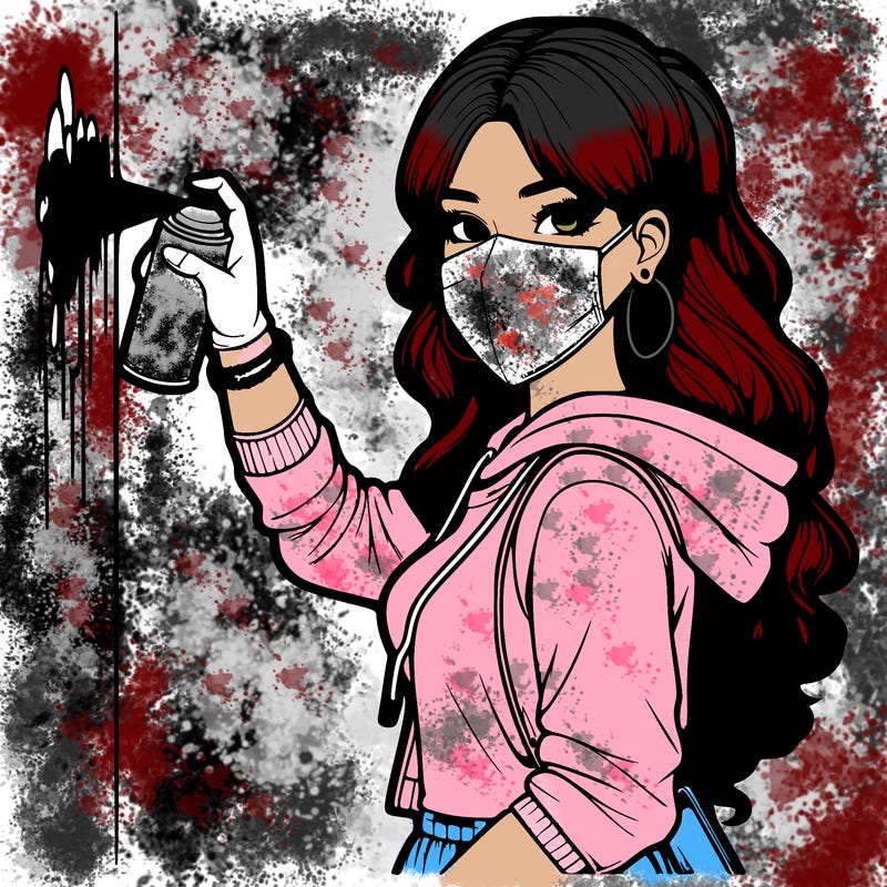 realistic girl with mask spray painting a wall