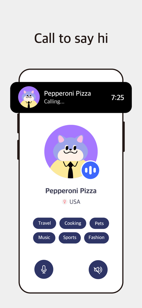 Connecting - Call and say hi - Connecting app voice call screen showing a user profile with interests like travel and music for real time conversation.