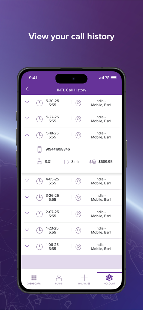 International call history screen in the Ultra Mobile app showing call logs to India.