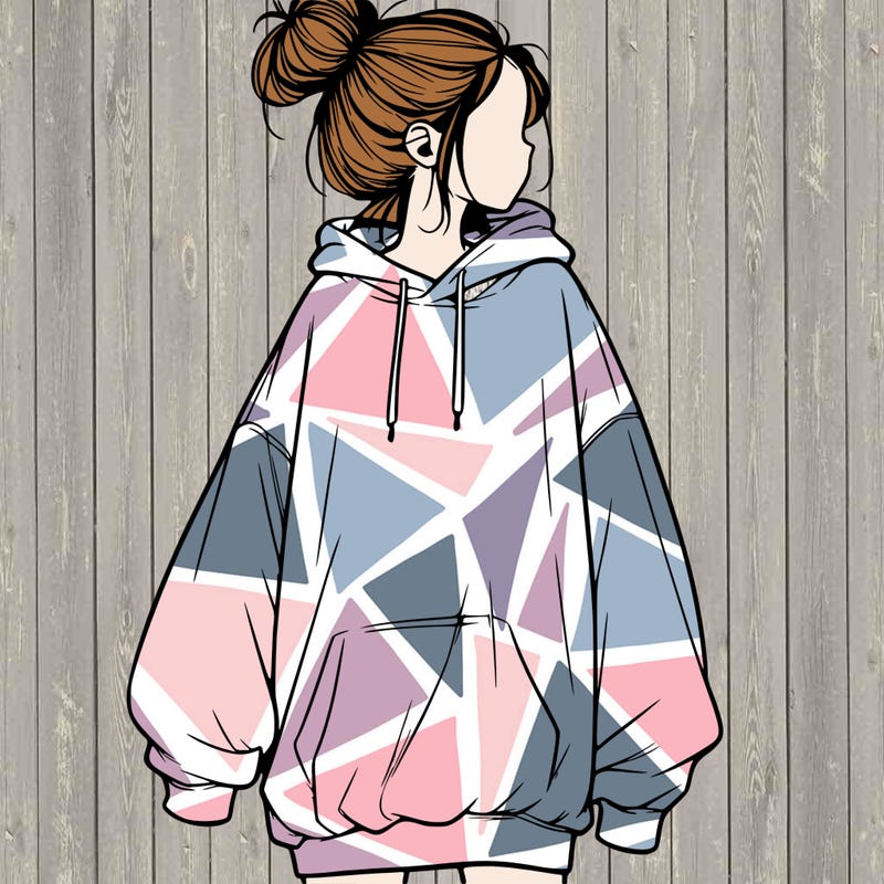 realistic girl with a oversized sweatshirt on and a bun