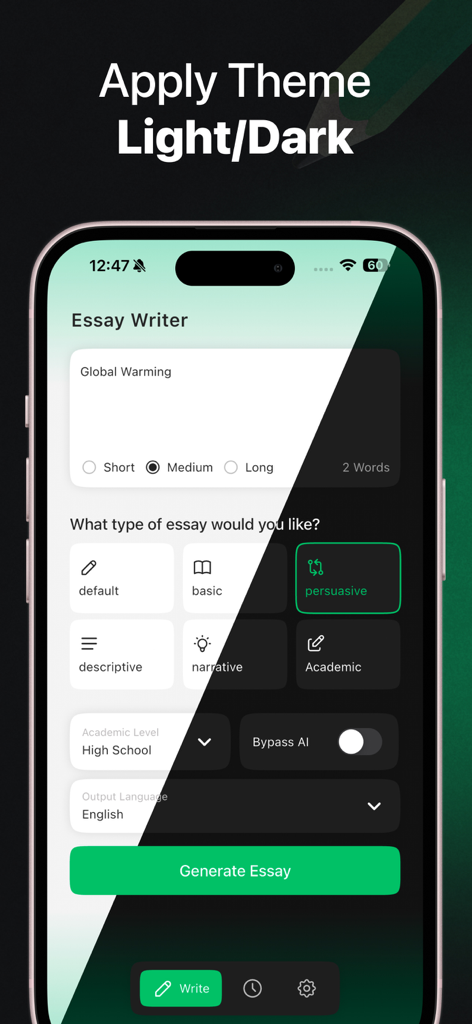 AI Essay Writer : Essay Helper - Interfaz de la aplicación AI Essay Writer mostrando una vista dividida de las opciones de tema claro y oscuro.