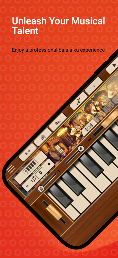 Balalaika - A smartphone displaying the Balalaika Sim app interface with digital musical keys and professional controls.