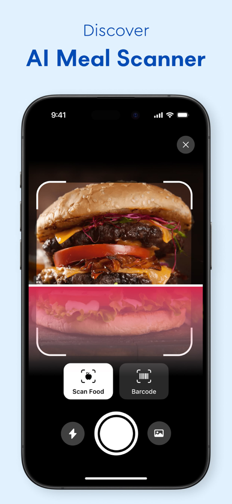 Smartphone screen showing GluHealth AI meal scanner feature scanning a burger