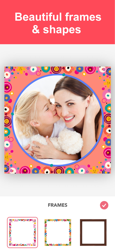 Une photo d'une mère et de sa fille dans un cadre circulaire avec des bordures à motifs colorés dans l'interface de l'application de collage photo
